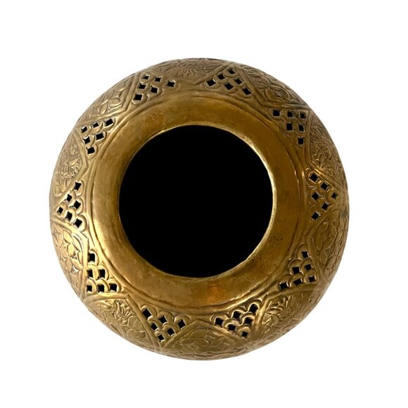 Vintage Large Brass Round Sphere Planter Floral Thistle Geometric Designs 11" - Picture 7 of 11